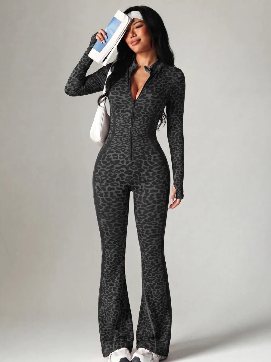 Women Leopard Cross Back Flared Yoga Bodysuits — O-12082