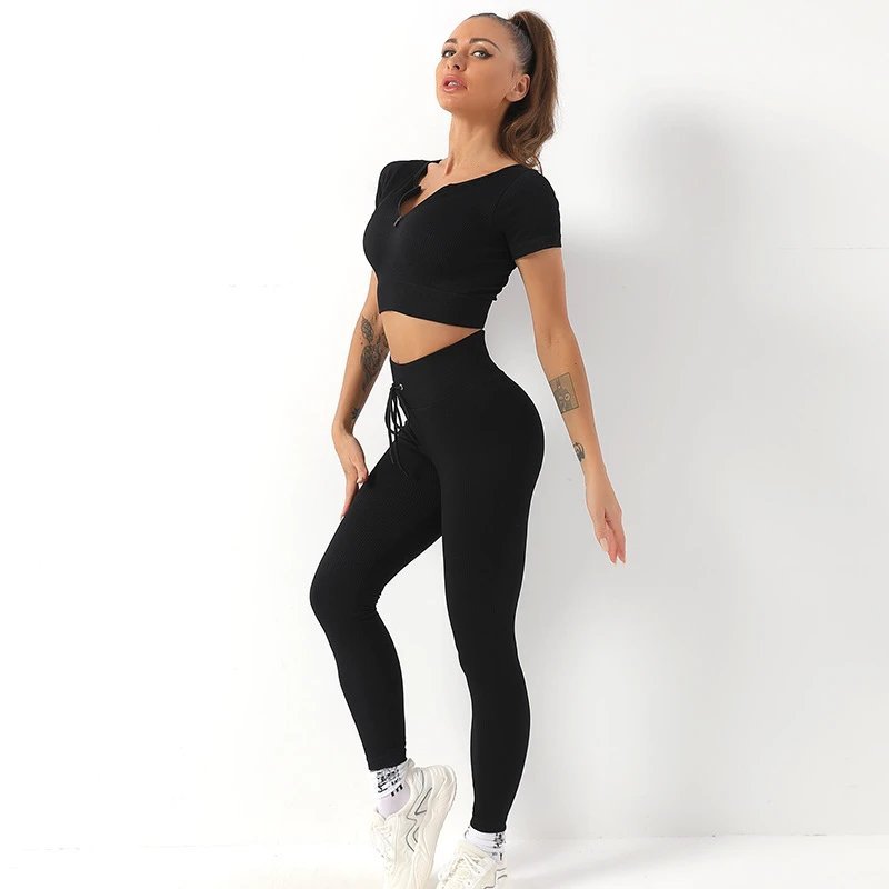 Ladies Sports Seamless Athletic High Waist Butt Lift Leggings Set — SS-4903