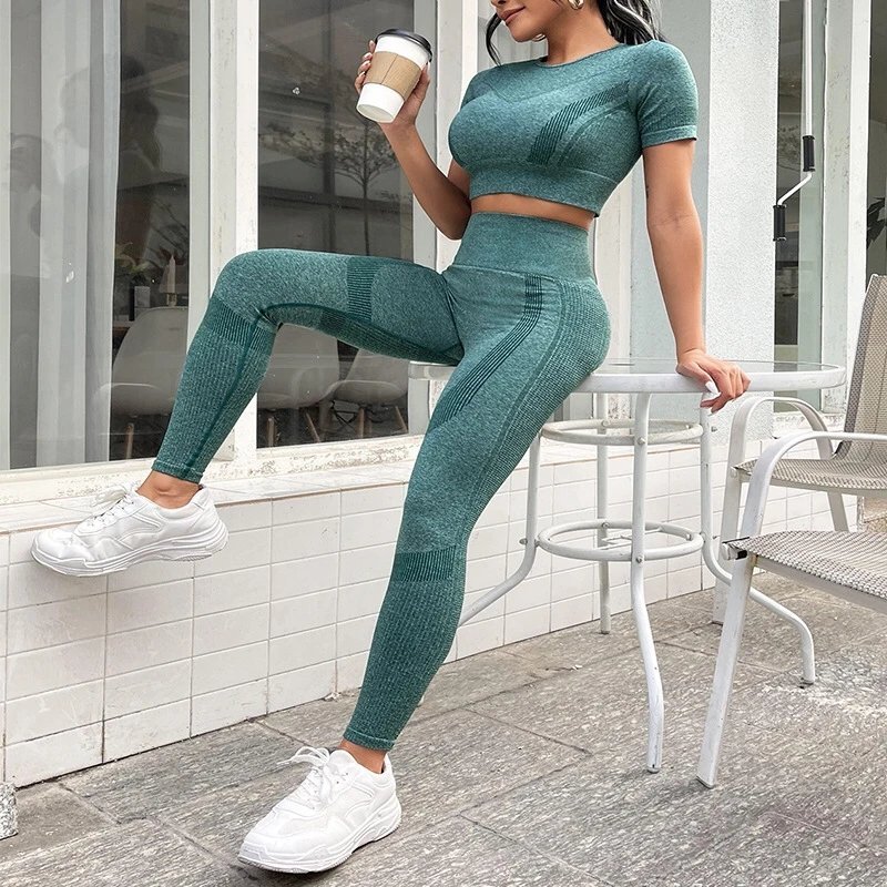 Ladies Sports Seamless Athletic High Waist Butt Lift Leggings Set — SS-5024.1