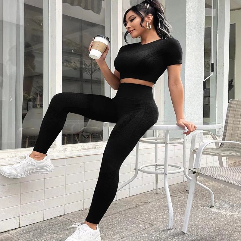 Ladies Sports Seamless Athletic High Waist Butt Lift Leggings Set — SS-5026.1