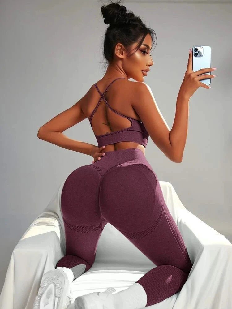 Ladies Sports Seamless Athletic High Waist Butt Lift Leggings Set — SS-5048.3